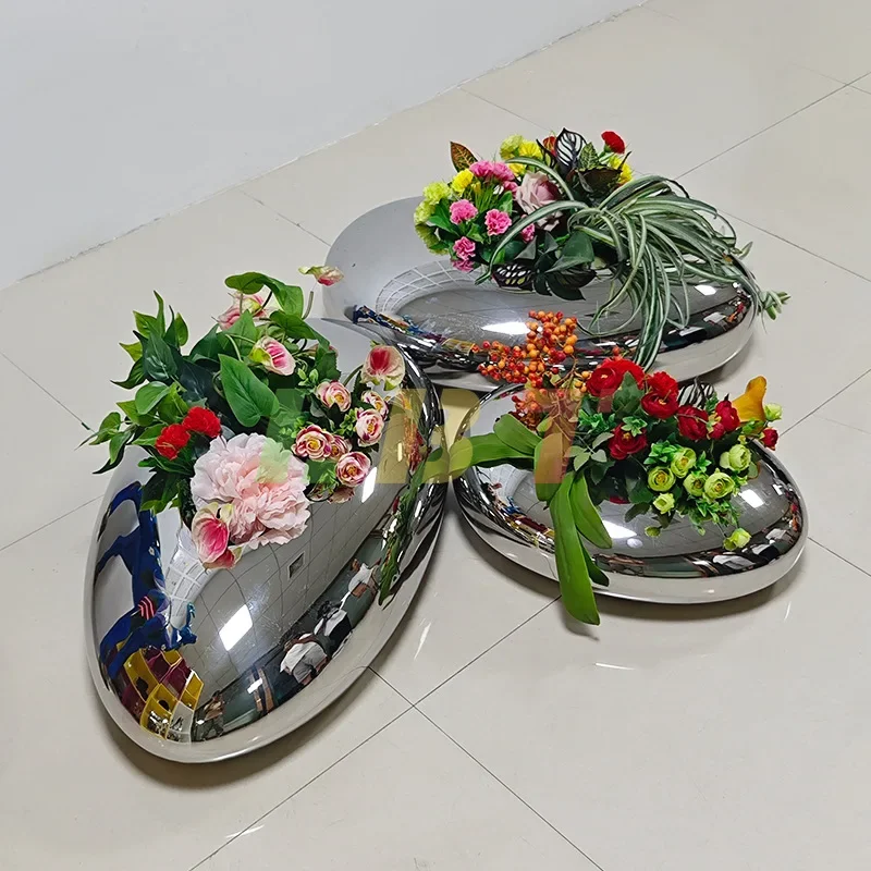 Indoor pebble mirror stainless steel flower pot Large shopping mall Hotel villa Garden Gardening Green plants Creative flower po