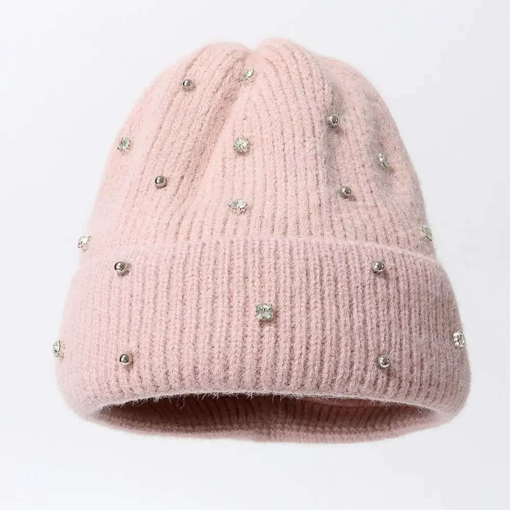 Outdoor Casual Rhinestone Beads Knitted Hat Keep Warm Thickened Warm Bonnet Beaanies Solid colors Skullies Cap Autumn Winter