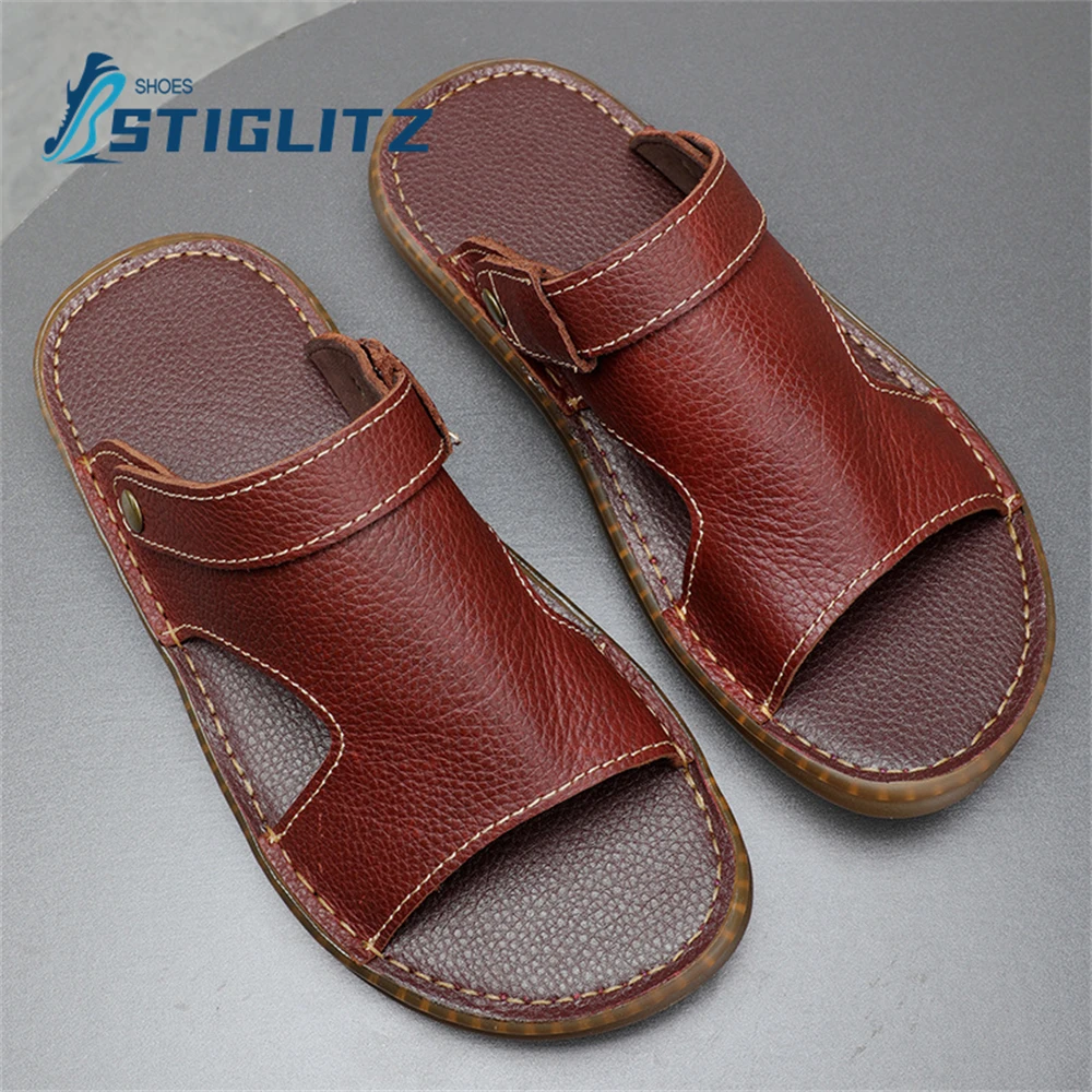 Men's Oxford Soft Sole Beach Slippers Suede Genuine Leather Open Toe Flat Casual Sandals Two Ways To Wear Back Belt Men's Shoes