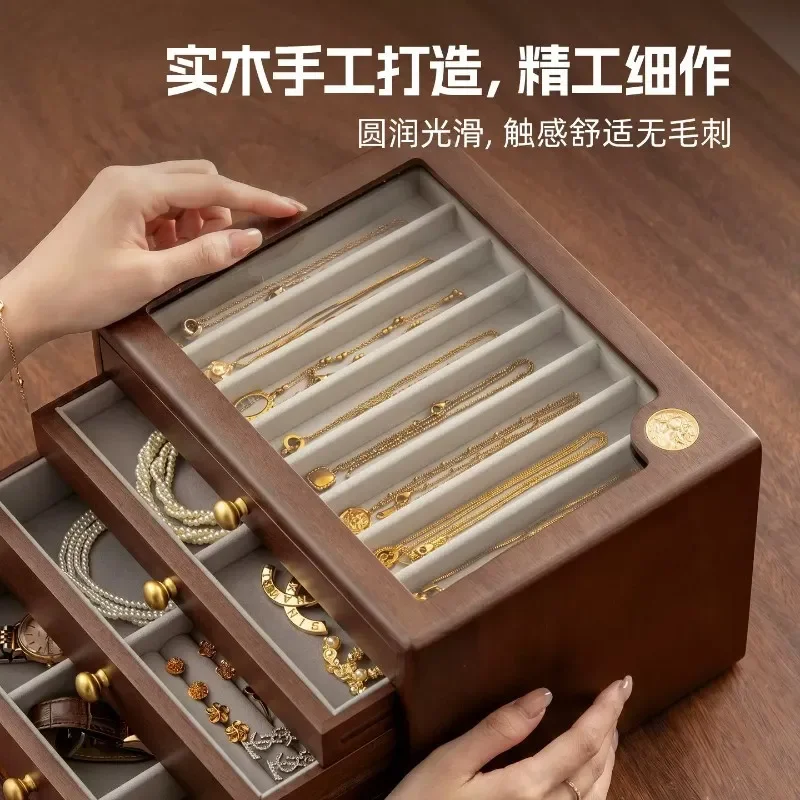 for Necklace Ring Earrings Bracelet Multifunctional Jewelry Storage Box Retro Solid Wood Multi-layer Large Capacity Visual