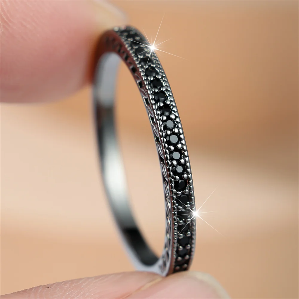 Antike Verlobungsringe mit schwarzem Zirkon und kleinem rundem Stein für Frauen, Vintage-Ring aus schwarzem Metall, Hochzeitsschmuck, Valentinstagsgeschenke – Detail 3