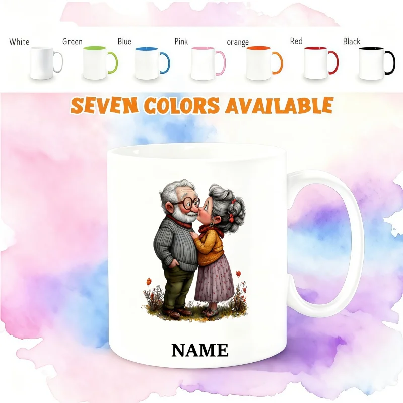 Customizable Fairytale Hand-Drawn Mug - Vintage Couple Scene with Grandma Kissing Grandpa, Ideal Birthday & Holiday Gift