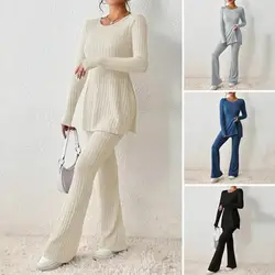 Women Suit Set Stylish Women's Knitted Two-piece Suit Set with Long Sleeve Ribbed Top High Waist Flared Trousers for Fall