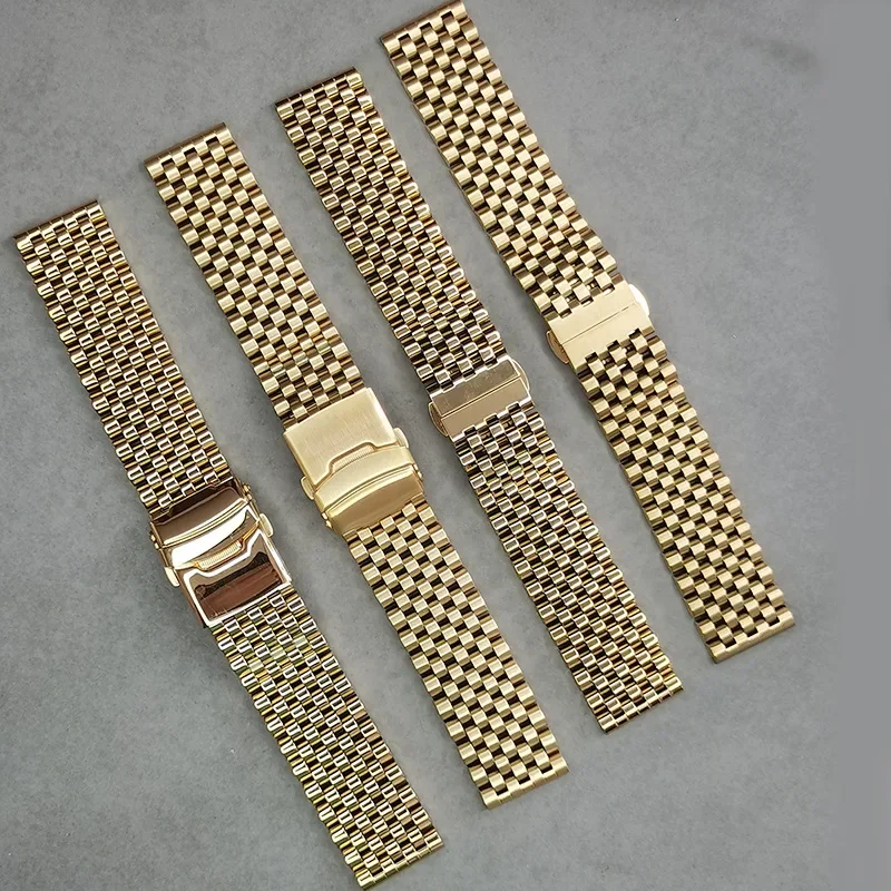 Solid Stainless Steel Metal Bcacelet 7 Beads of Rice Arc-shaped Flat-end Watch Strap Universal Chain Matte Polish Band 20mm 22m