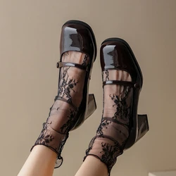 Women New Retro High Heels Spring Thick Heel Party Mary Jane Shoes Square Head Solid Colour Leisure Pumps Saltos Alto Feminino