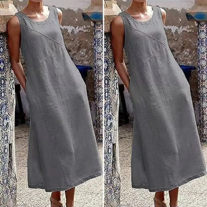 Solid Color Casual Loose Fitting Women\'s Summer Long Dress 2024 Elegant Cotton And Linen Simple Sleeveless Plus Size Women\'s Dre