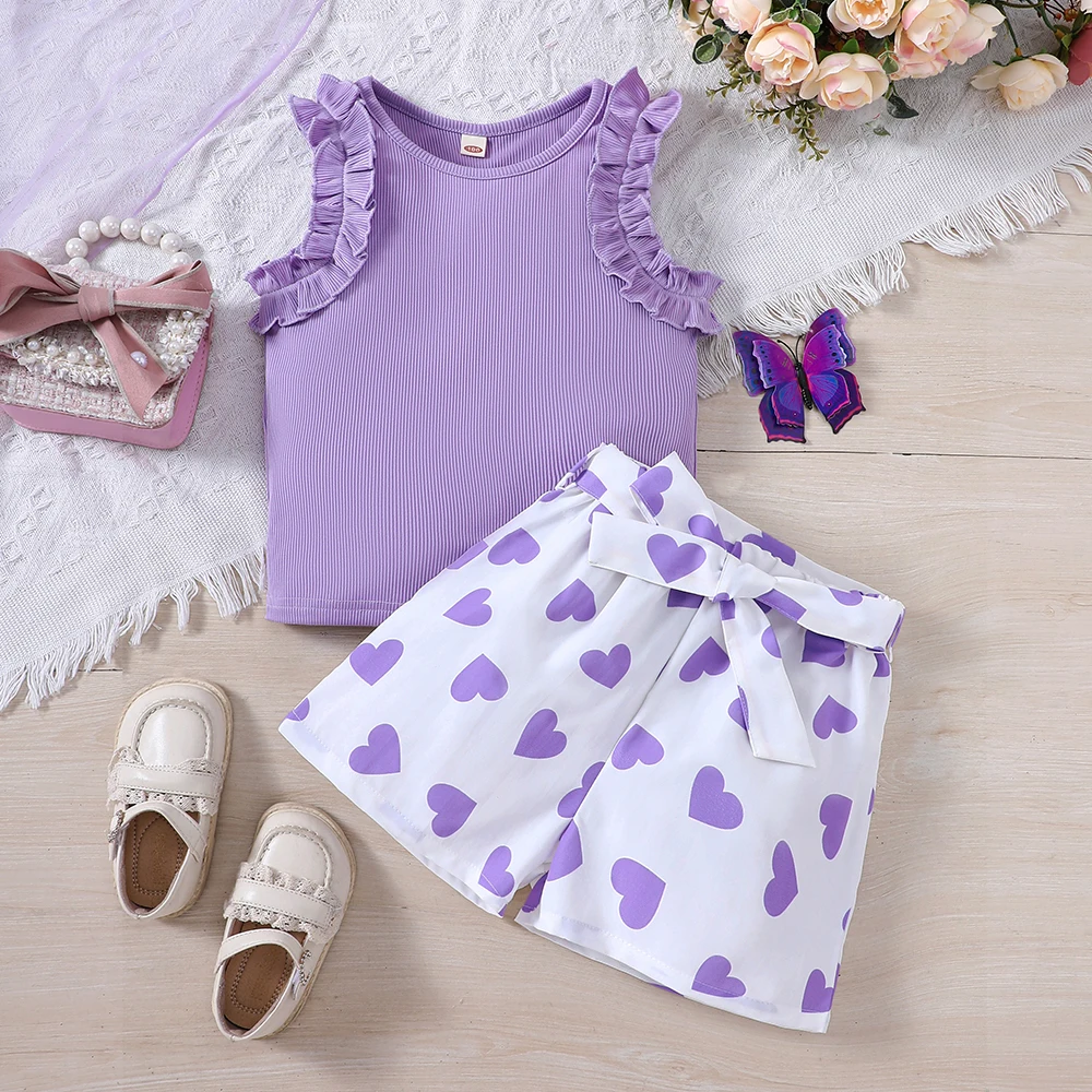 Girls' Summer Knit Tank Top with Ruffles and Sleeveless Backless Top + Heart Print Shorts Two-Piece Casual Set