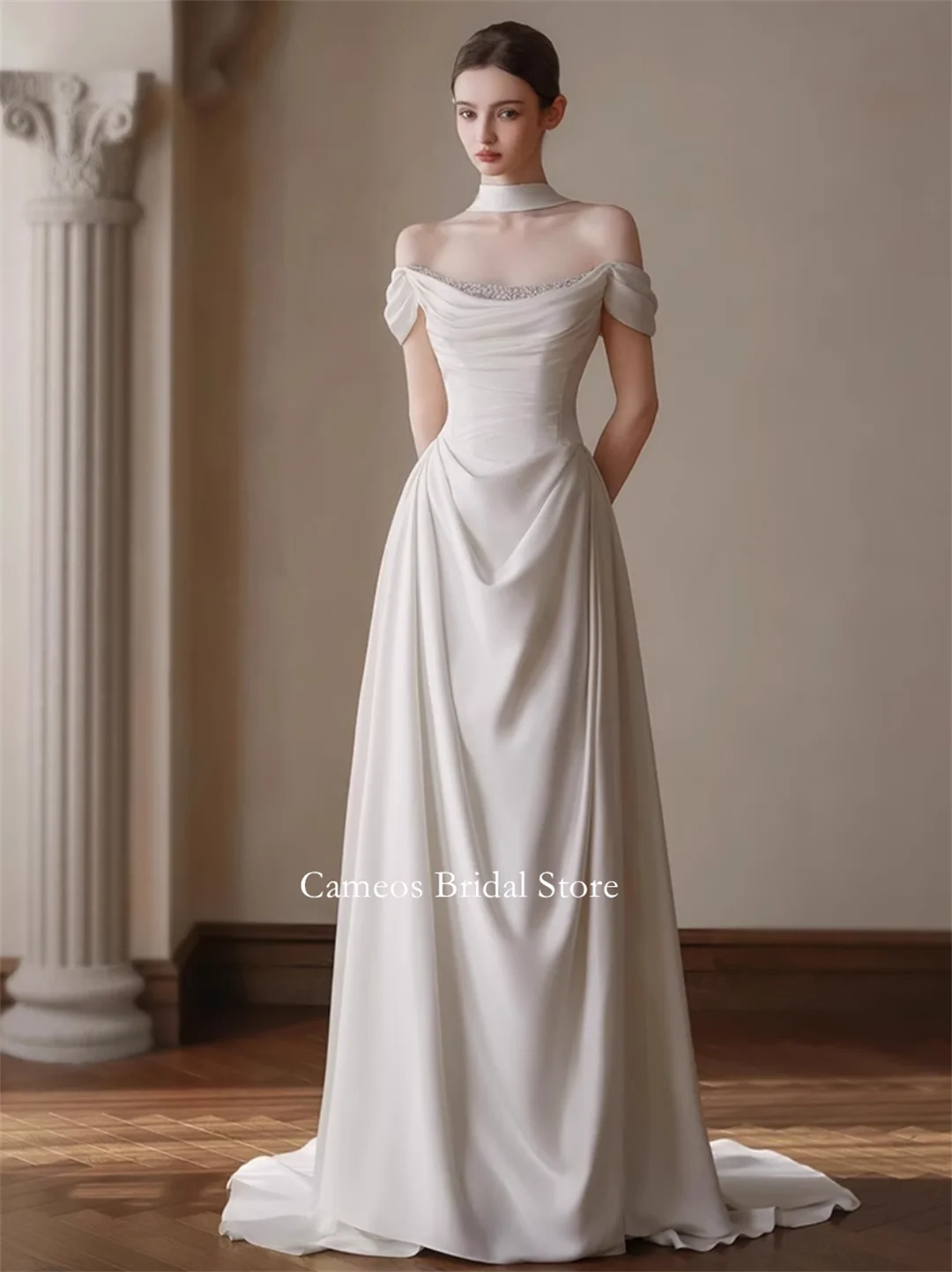 

SONDR Customized Wedding Dresses Pearls Satin Korea Off the Shoulder Corset Mermaid Pearls Brides Gowns Women Bridal Dresses