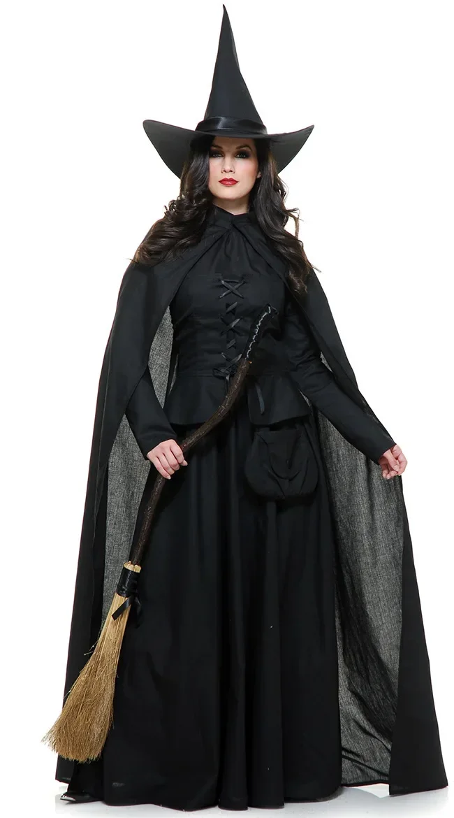 Women's Wicked Witch Costume Adult Black Long Sleeve Corset Style Dress Halloween Witches Costumes Cosplay