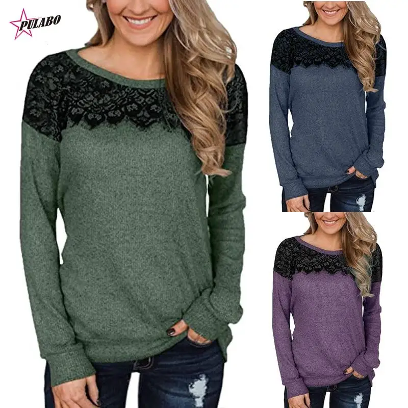 PULABO Fashionable Women's Lace Patchwork Solid Color O Neck Long-Sleeve T-shirt 2024 y2k