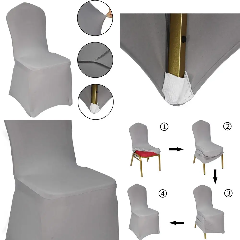 

Чехлы на стулья из серебряного спандекса, упаковка 50, эластичная резинка для свадеб, банкетов и вечеринок (серебро)