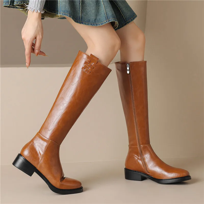 MORAZORA New Genuine Leather Knee High Boots Women Zipper Black Brown Handmade High Quality Motorcycle Boots Ladies Shoes