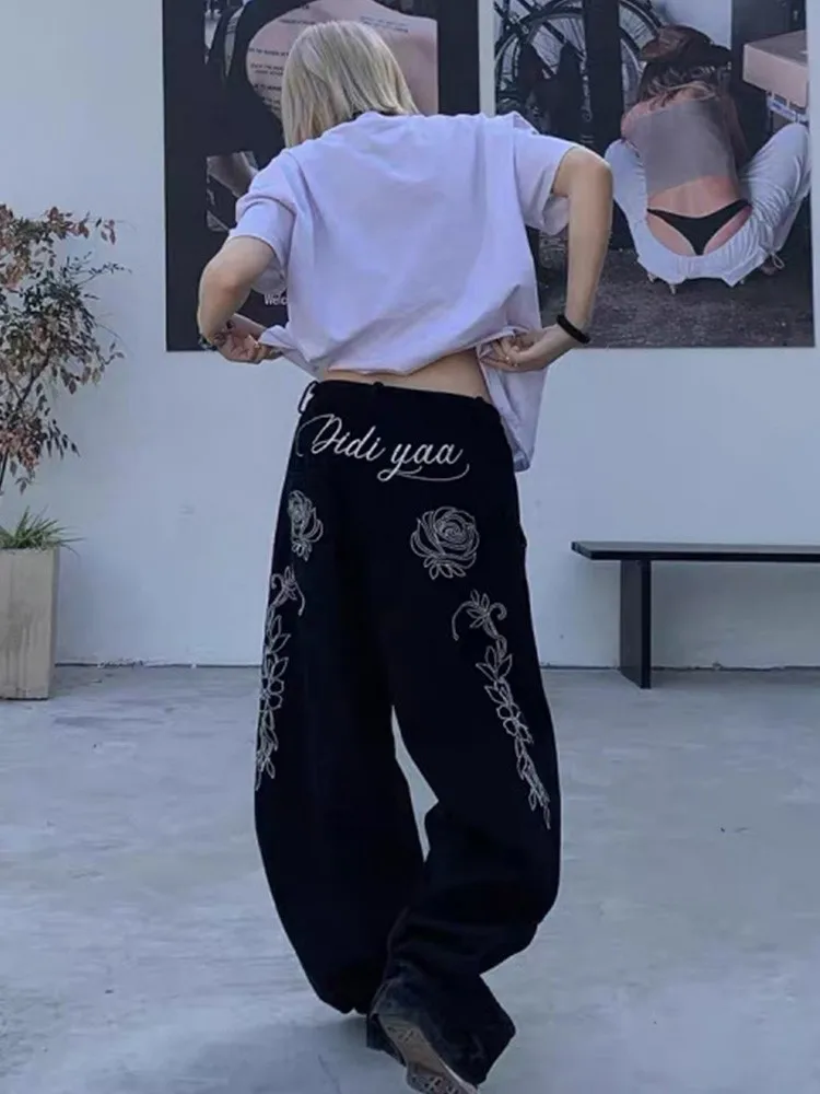 Coreano popular high street quente menina carta flor bordado jeans feminino y2k calças de perna larga de cintura alta até o chão