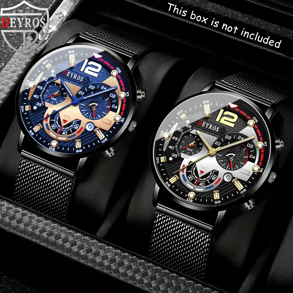 

2 Pieces/Set Classic Men Watch Business Quartz Watch Mesh Date Men's Watch Set