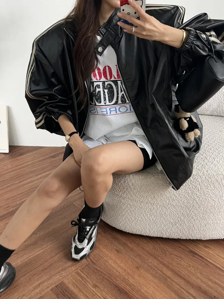 Slimming PU Leather Jaet Women's Loose Biker Sle Stand Collar Double Bar Outerwear Faionable Casual Loose Fit Ladies' Coat