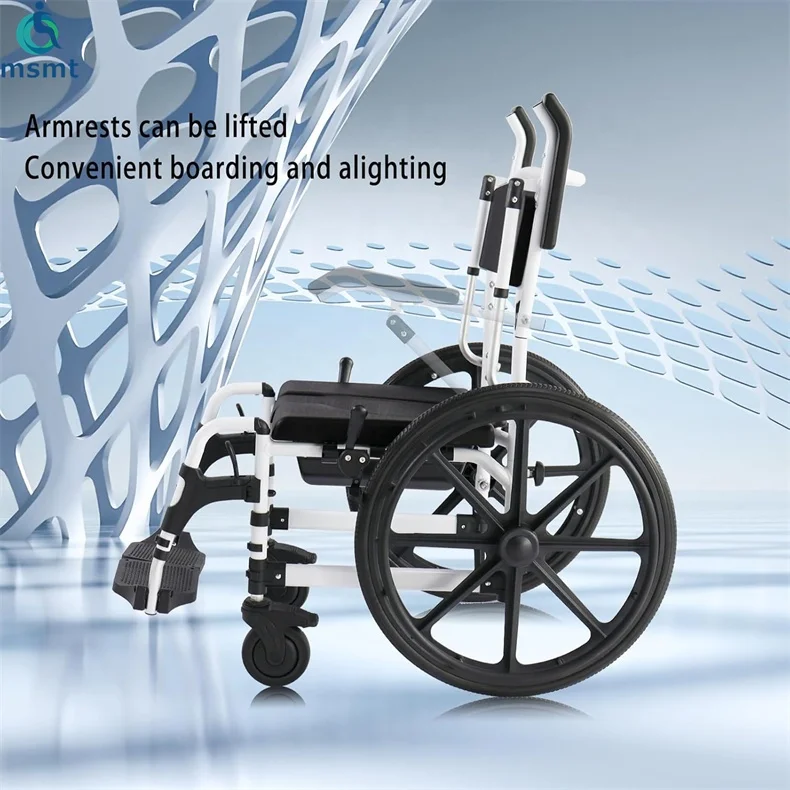 Black Folding Shower Commode Wheelchair Beside Commode Chair With Padded Seat Waterproof Rolling Shower Chair With Armrests