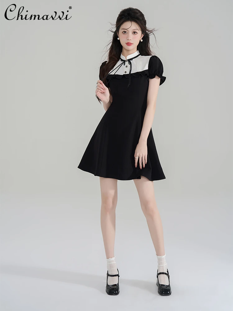 French Hepburn Style Stand Collar Lace-up Bow Ruffled Flared Sleeves High Waist Slim Fit A-line Sweet Black Short Dress Women