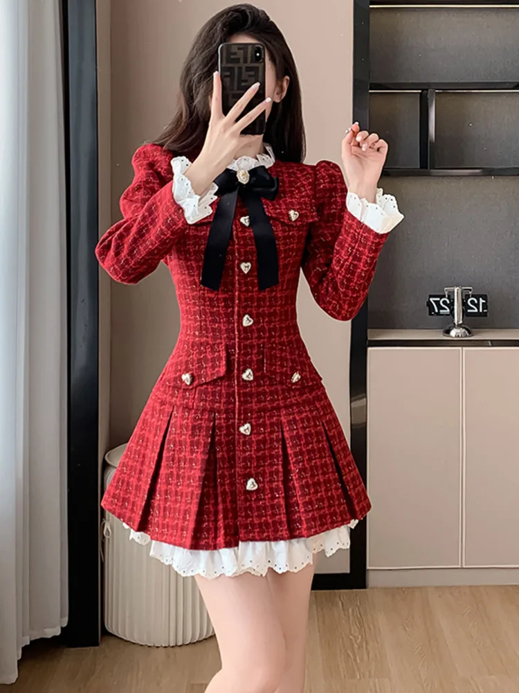 French Light Luxury Tweed Pleated Dress Korean Sweet Long Sleeve Heart-shaped Buckle Ruffle Chic Office Ladies Vintage Dresses