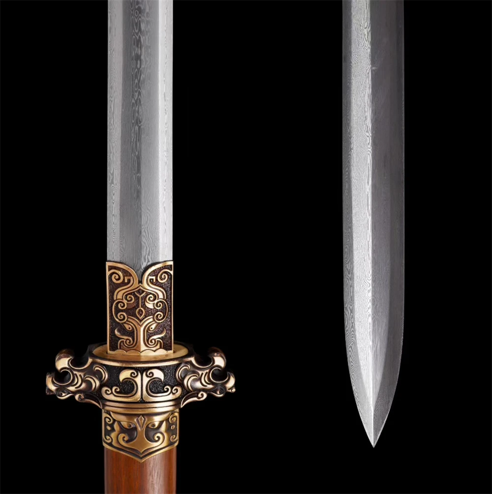 High Quality KungFu Jian Sword Forged Folded Damascus Steel Blade Copper Brass Fittings Rosewood Sheath Battle HanJian Full Tang
