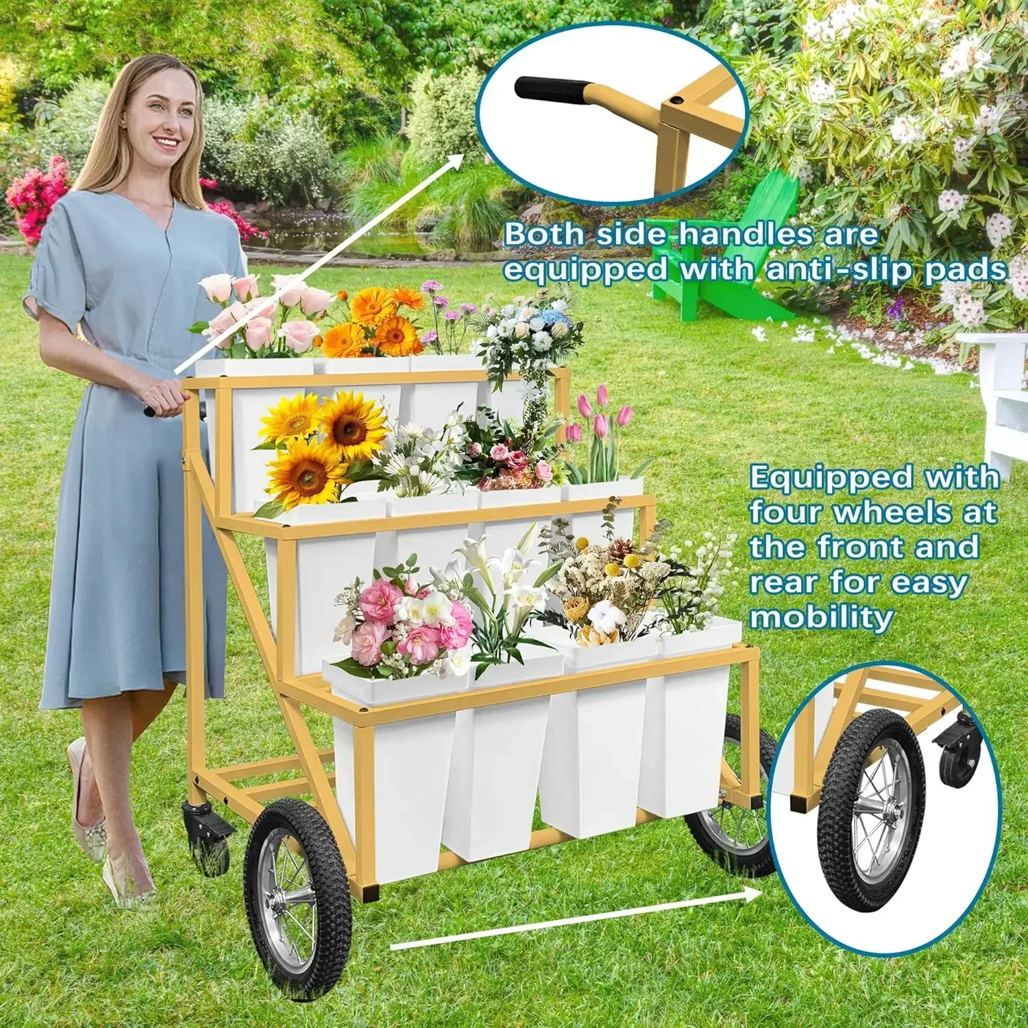 Stand, Flower Cart with 12 Buckets, Display Stand with Large Wheels, Cart, Moving Florist Bouquet Shelf (Go