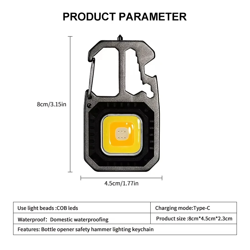 Lampe de travail porte-clés portable à affichage numérique, type C, aste, lumens élevés, camping, randonnée, extérieur, 8 modes, 2024