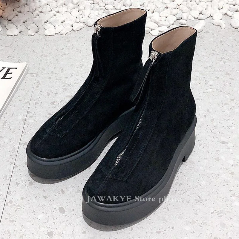 Hot Winter Round Toe Rubber Sole Motocrycle Boots Real Leather Ankle Boots Front Zip Design Simple Boots for Women Botas mujer