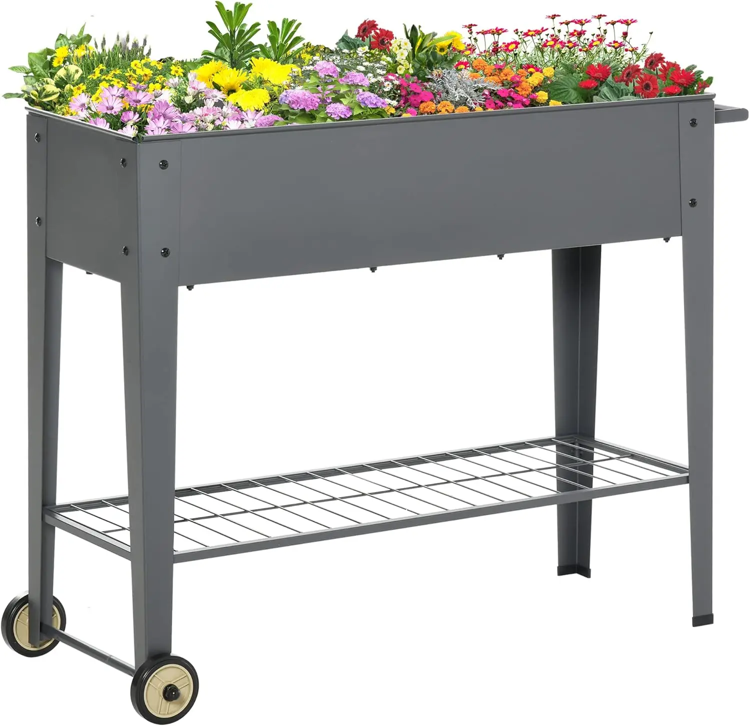 

41" x 15" x 32" Raised Garden Bed Elevated with Wheels, Metal Elevated Planter Box with Bottom for Storing Tools &a