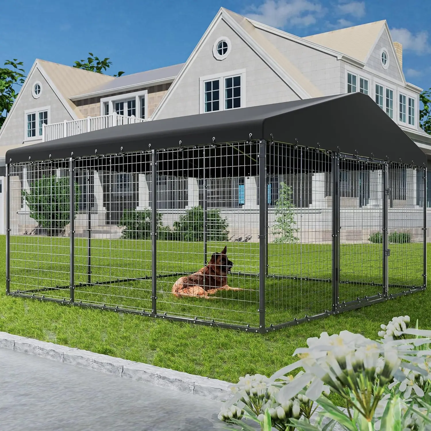 

Large Outdoor Dog Kennel,W 118" x D 118" x H 70" Heavy Duty Dog Cage with RoofDog Playpen Galvanized Steel Dog Fence with Double