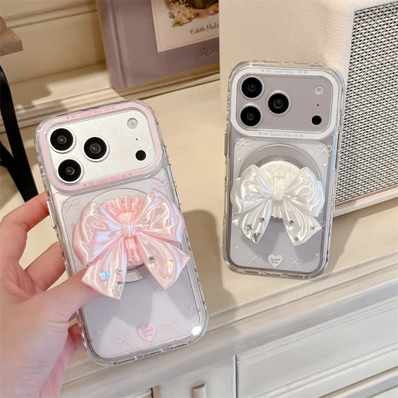 

Korean Ins 3D Bow Magnetic Case For iPhone 17 16 15 Pro Max Cute With Rhinestone Shockproof Cover For MagSafe