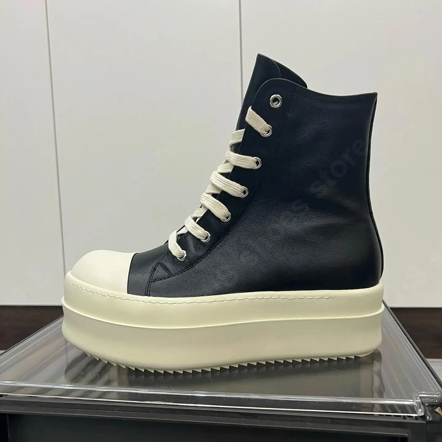 Ricks Men Shoe Black Leather High Top Shoes Women Sneaker Owens Casual Boot Zip 6cm Thick Sole Shoe Height Increasing Pantshoes