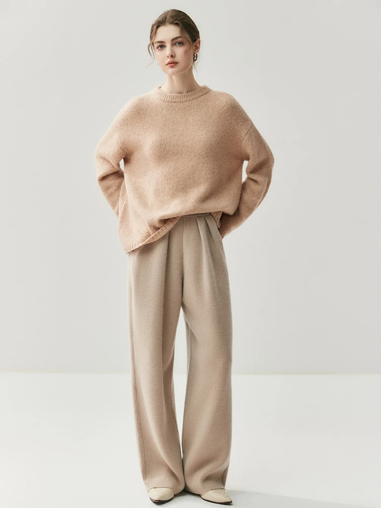 

TLOML Women's 100% Cashmere Pleated Pants Wide Leg Pants Autumn Winter Thickness Simple Casual Style Cashmere Knitted Trousers