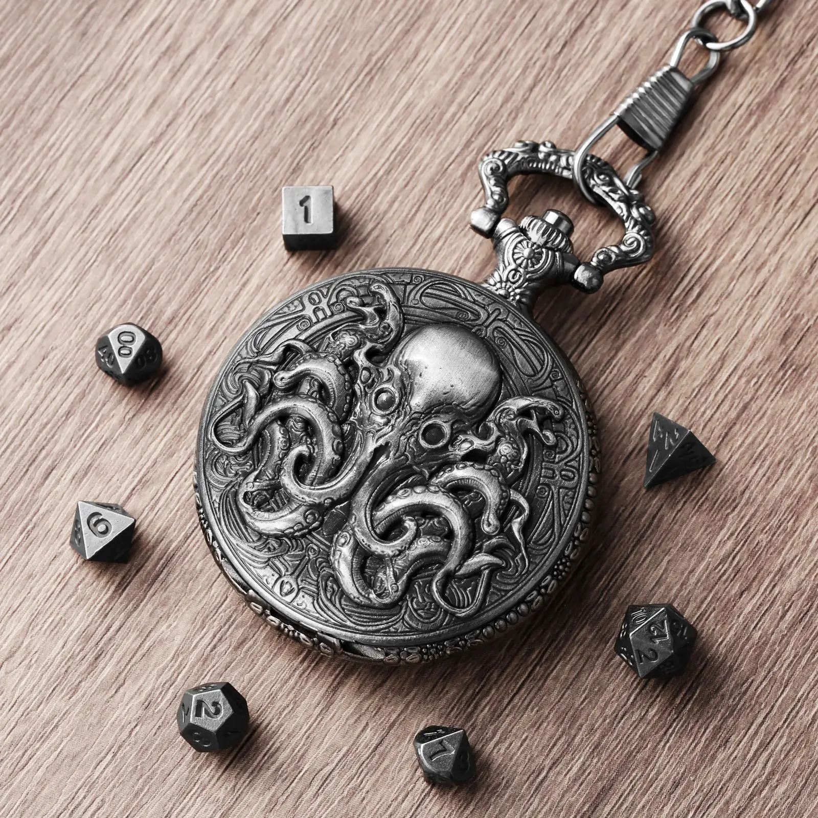 Octopus Pocket Watch Dice Set - Steampunk Watch with Mini D&D Metal D&D Dice Octopus/Dragon's Eye Pocket Watch Case little cube