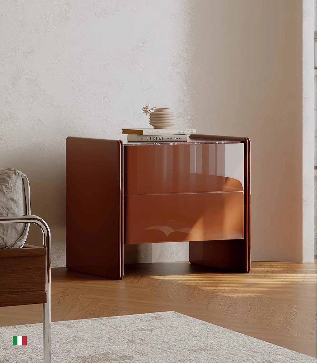 

Высококачественная мраморная прикроватная тумбочка, глянцевая краска, новая спальня, бытовой итальянский свет, роскошный ящик для хранения, шкаф