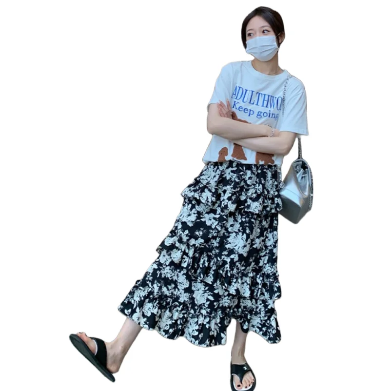 

Female Summer Fashion Elegnat Long Skirts Printed Chiffon Irregular Hem Skirts Women 2024 Vacation Ruffles Split A-line Skirts