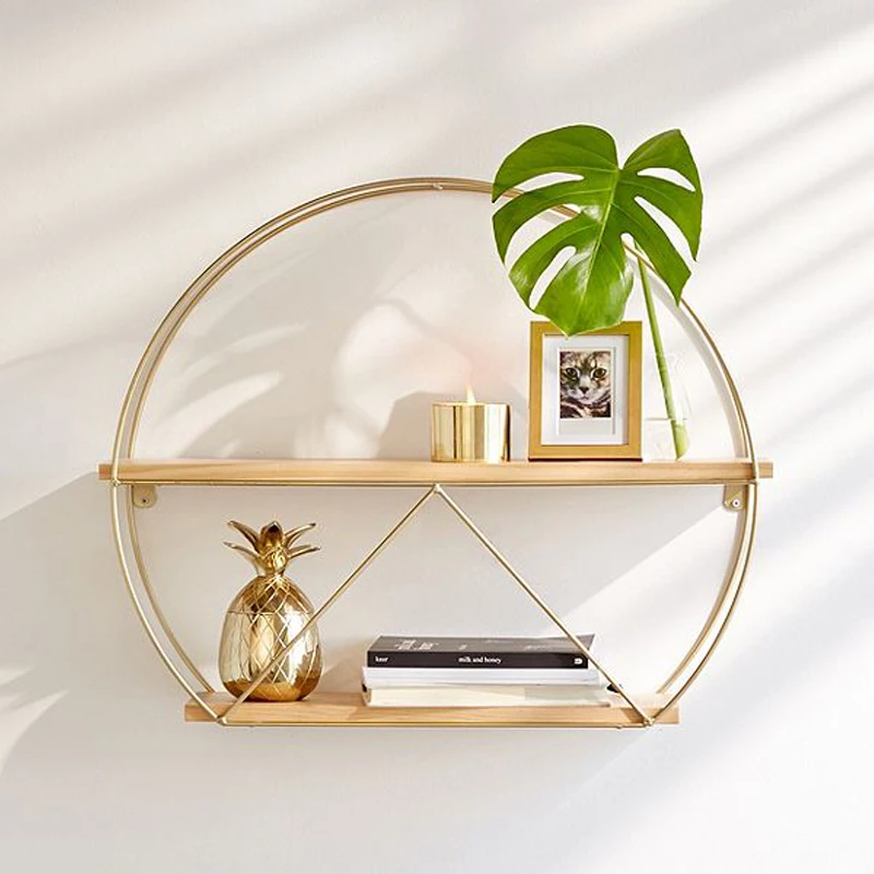 

Simple solid wood rack wrought iron wall round baffle bookshelf flower rack background shelf