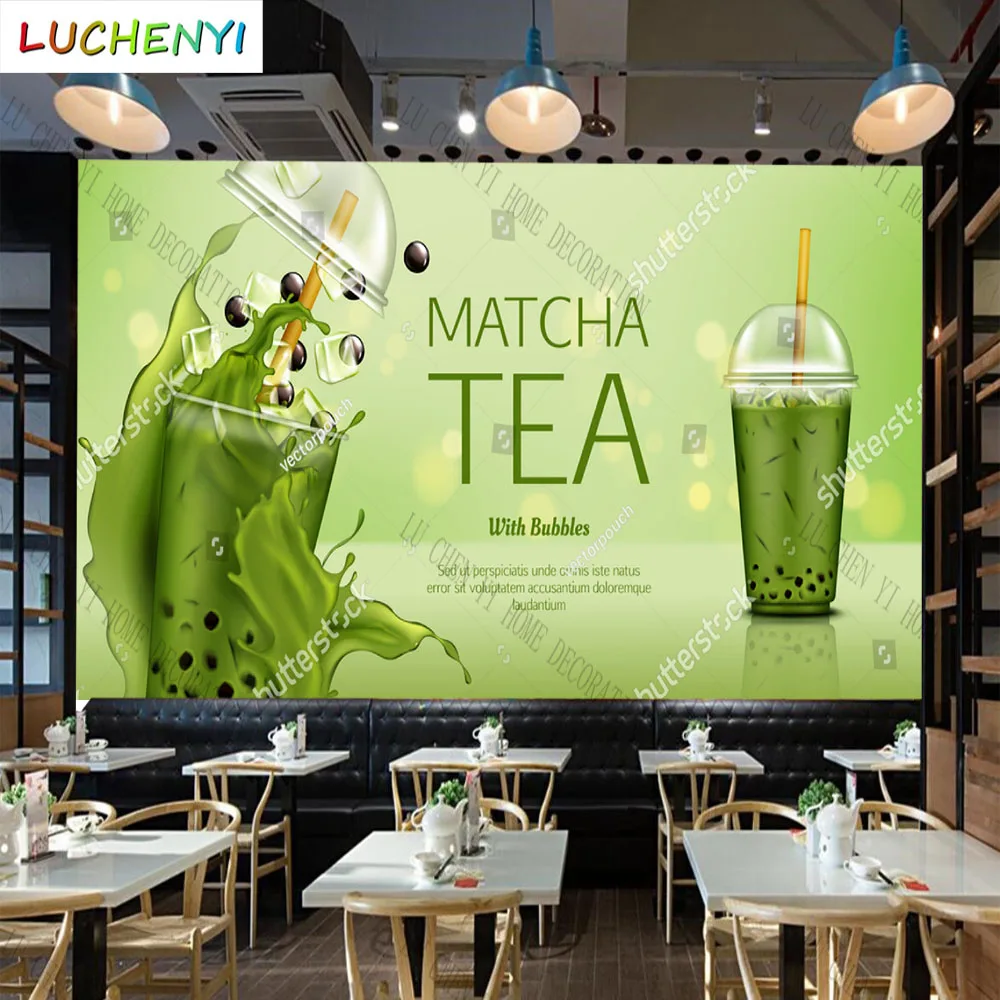 

Custom Green bubble matcha tea juice 3d wallpaper mural restaurant cold drinking shop dining room wall papers home decor sticker