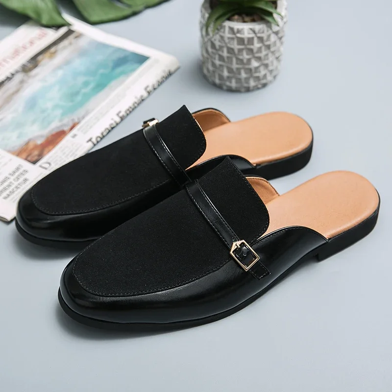 Luxury Brand Half Shoes 38-48 Men Suede Leather Brown Blue Flat Mules Black Casual Shoes Mens Fashion Mocassin Homme Chaussure