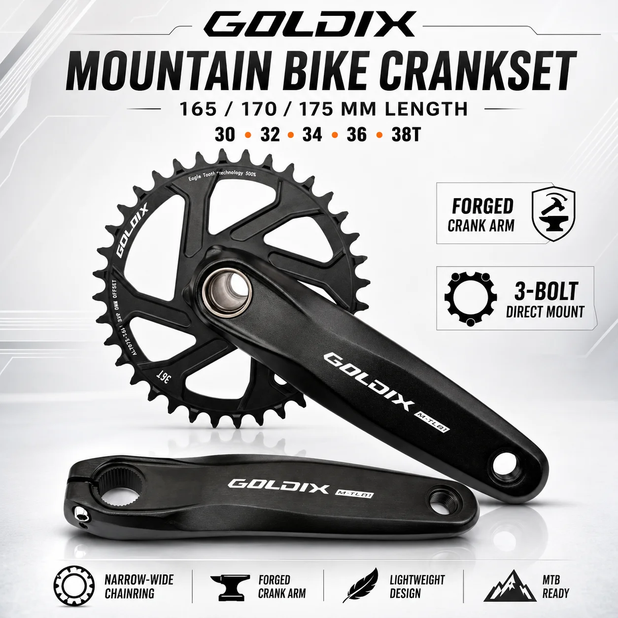 GOLDIX Strength MTB Crankset 165/170/175mm Forged Aluminum Alloy 3-Bolt Direct Mount Narrow Wide Chainring Mountain Bike Crank