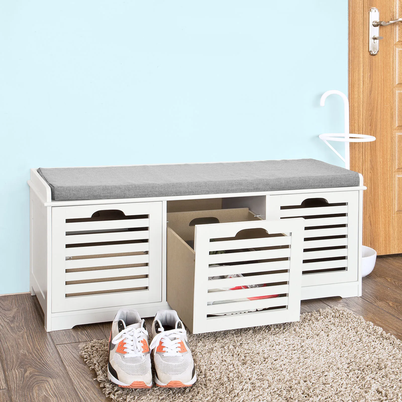 SoBuy FSR23-W Schuhbank Sitzbank mit Stauraum – Schuhregal mit 3 Körben, Sitztruhe mit Sitzkissen – Flurbank Kommode für Eingangsbereich – Belastbar bis 120kg, 105x43x35cm