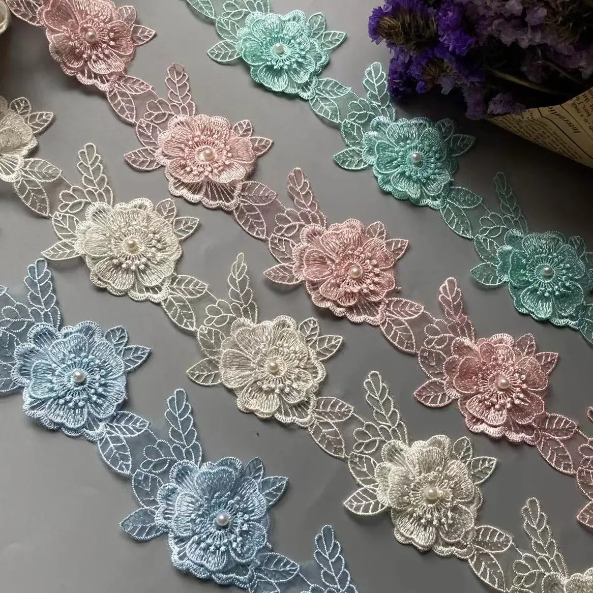 

10*7cm 10pcs Pearl Flower Lace Trim For Dress Ribbon Knitting Wedding Embroidered Lace Fabric Patchwork Sewing Supplies Craft