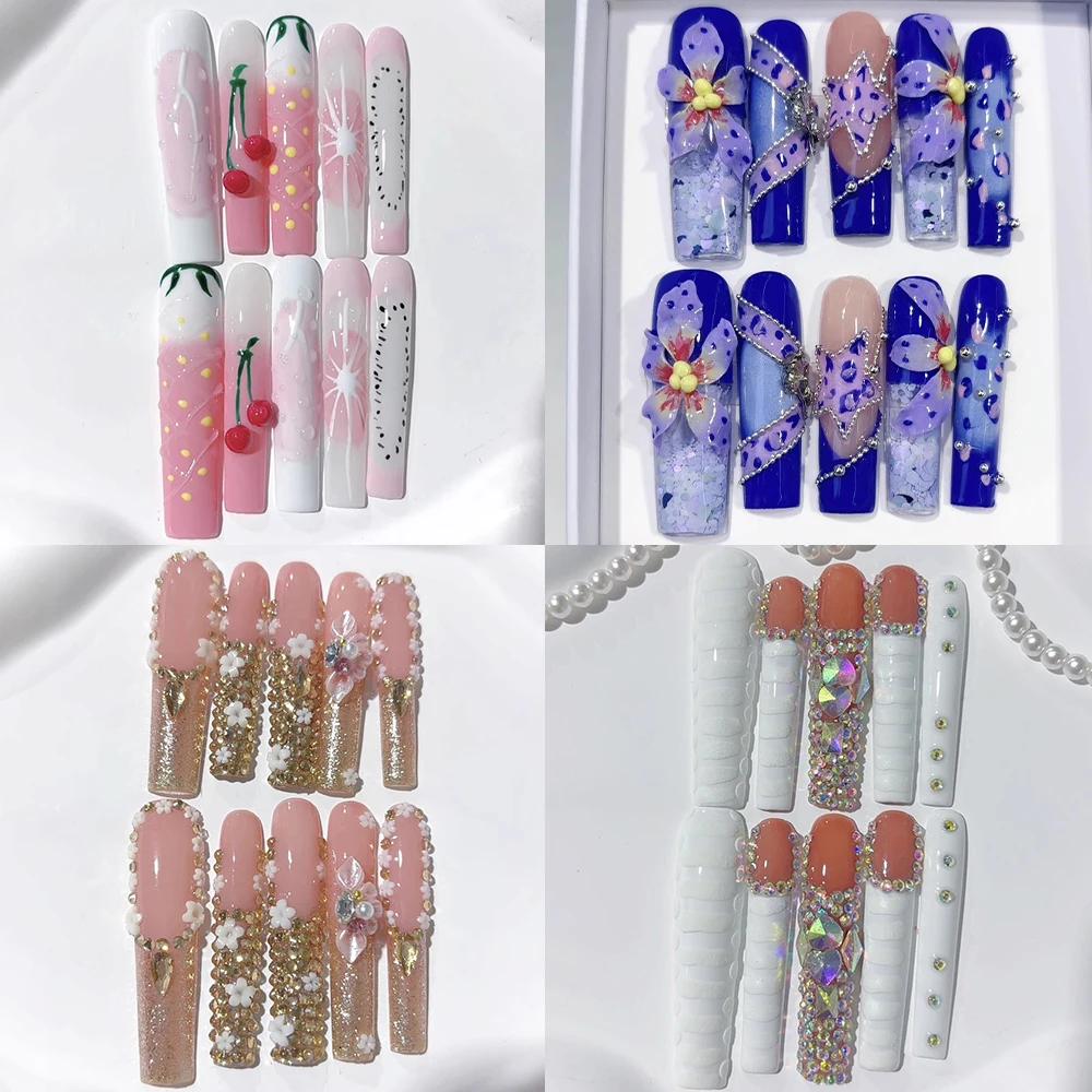 

Sweet Cool Xxl Long Square Handmade Wearable Press On Nails Colorful Rhinestone Flower Pearl Bowknot French Full Cover Nails