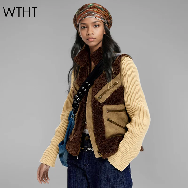 

WTHT New Fashion Women Patchwork Long Sleeve Plush Warm Coat 2024 Winter Trendy Stand Collar Zipper Design Jacket Female 1LS590