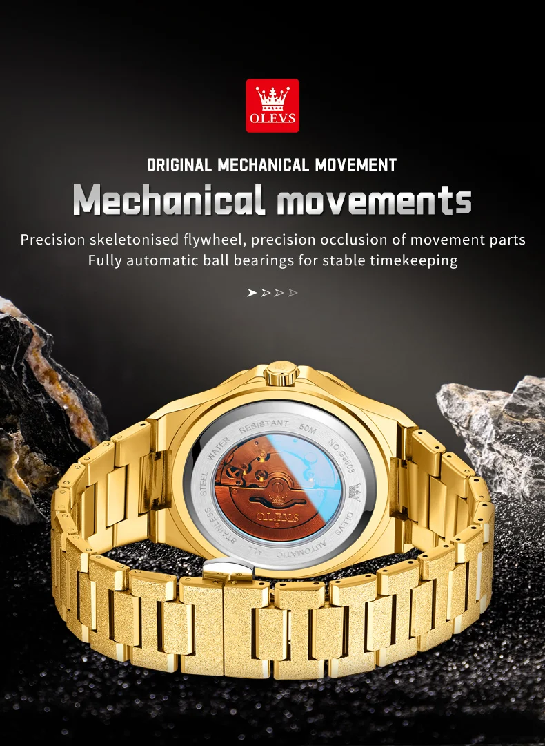 OLEVS 9803 Voll Diamantbesetzte Automatische Mechanische Uhren für Herren Luxus Edelstahl Wasserdicht Doppelkalender Business Herrenuhr – Detail 5