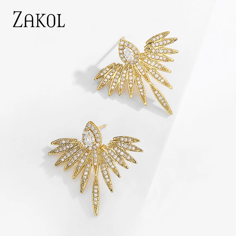 ZAKOL Elegant Feather Shape Gold Color High Quality Cubic Zirconia Jewelry Party Stud Earrings for Women