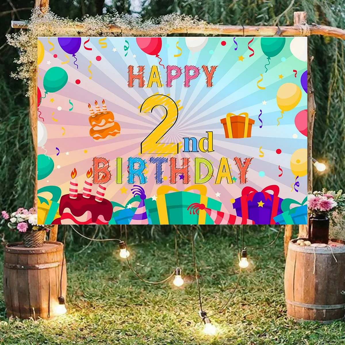 Happy 2th Birthday Backdrop Present Candy Banner Kid Outdoor Indoor Photo Background Welcome Party Photocall Supplies Decoration