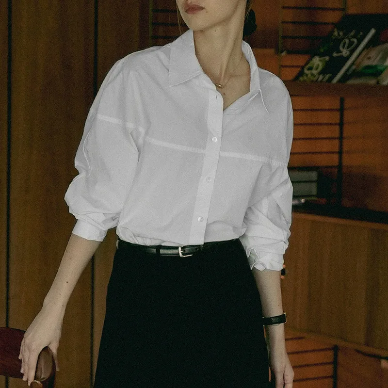 

Female 100% Cotton Formal Shirt Autumn Clothing Commuter Tops Turn-down Collar Single-breasted White Shirt Women Top Streetwear