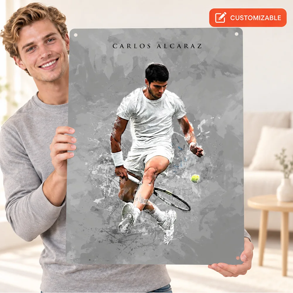 Carlos Alcaraz Tennis Player Printed Poster Personalized Aluminum Metal Sign Contemporary Sports Style Wall Art For Man Cave