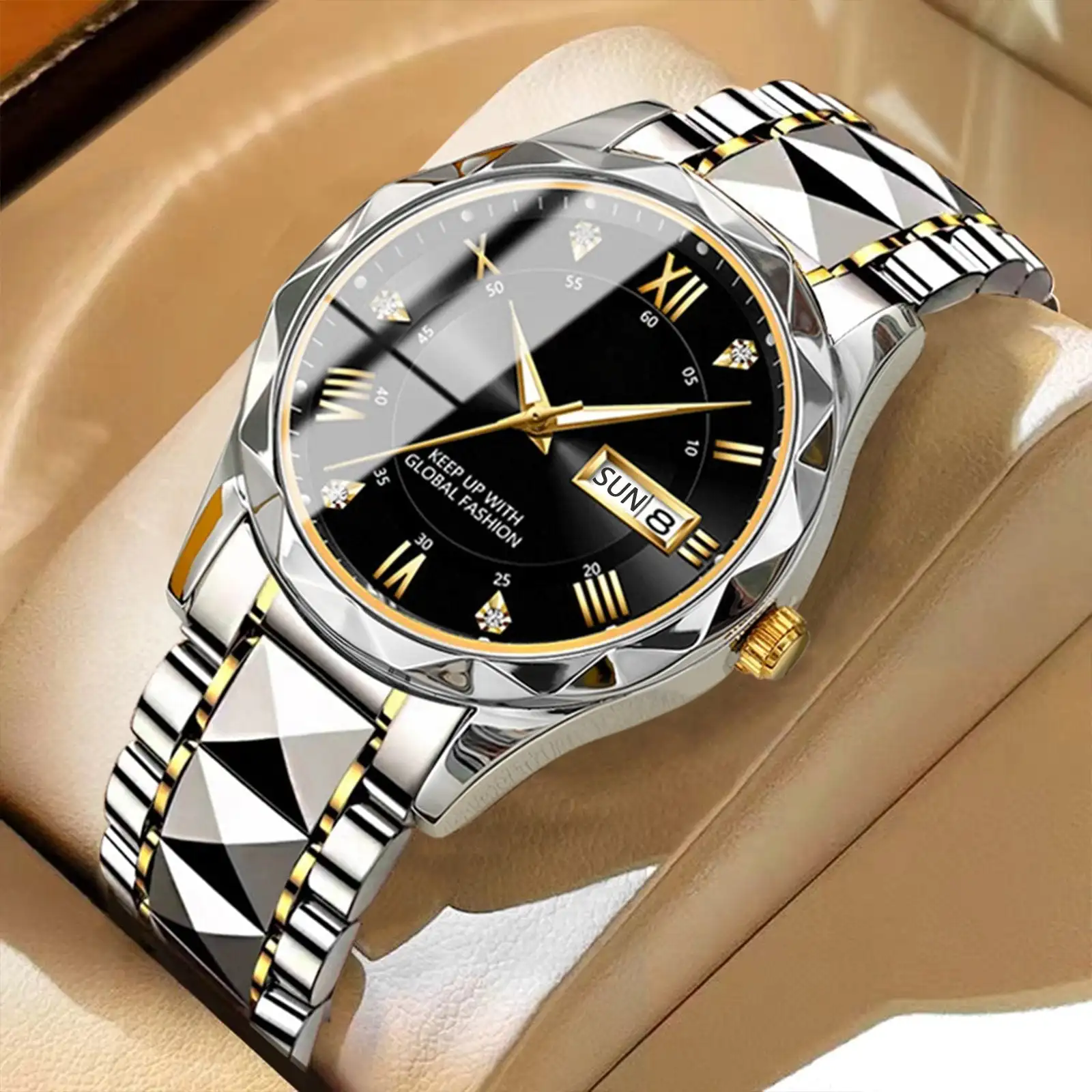 Watch for Men Diamond Business Dress Analog Quartz Stainless Steel Waterproof Luminous Luxury Casual Wrist Watch