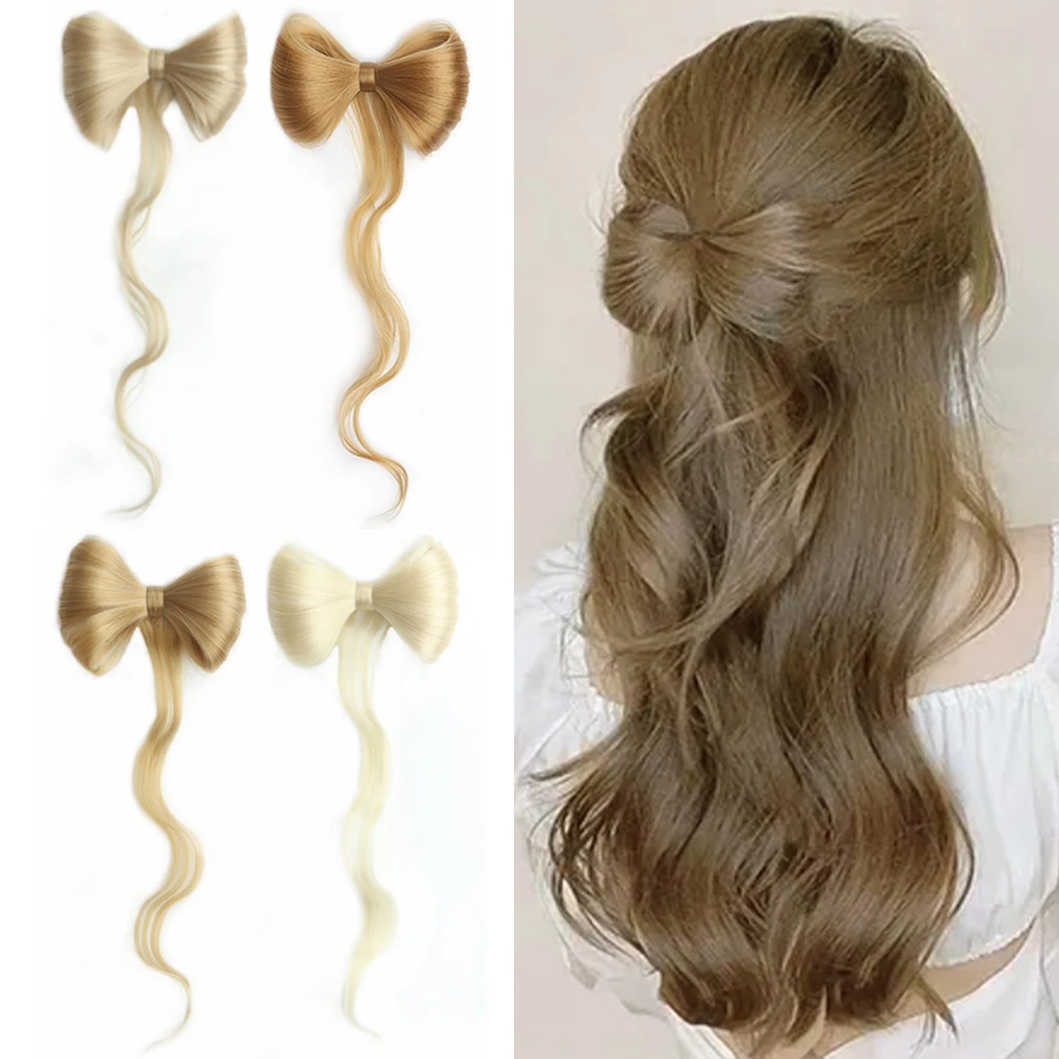 

Волнистые когти с бантом, пучок для волос, синтетические заколки для наращивания волос, элегантные, естественные, для повседневного использования, аксессуары для волос
