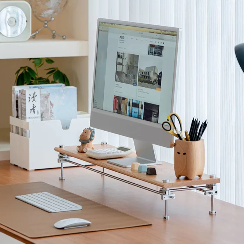 Cherry Wood Optical Shaft Monitor Riser Computer Desk Organizer Desktop Screen Stand Ergonomic Office Workspace Storage Holder